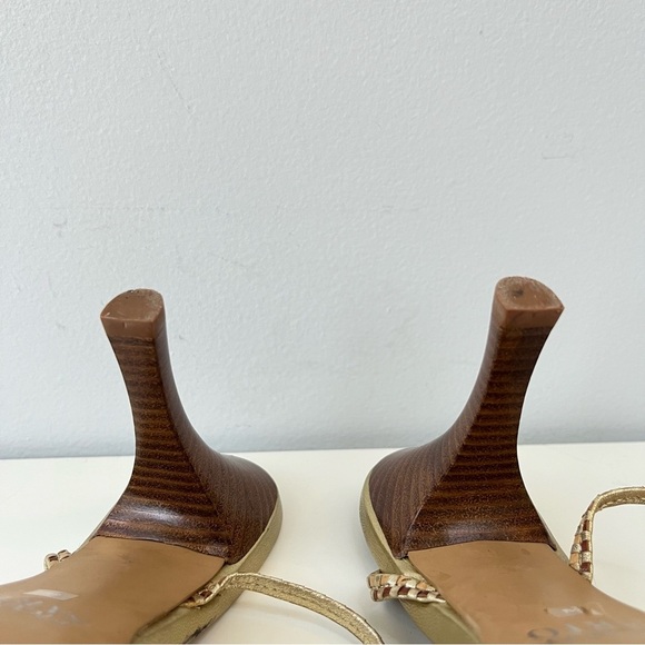Y2K Franco Sarto Brown Gold Woven Strappy Heels 8 Party High Heels Leather - Picture 6 of 10